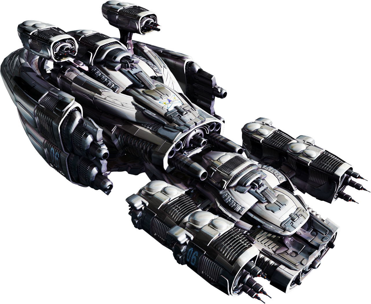 An original Casus Belli spacecraft with a silver hull and external weapons